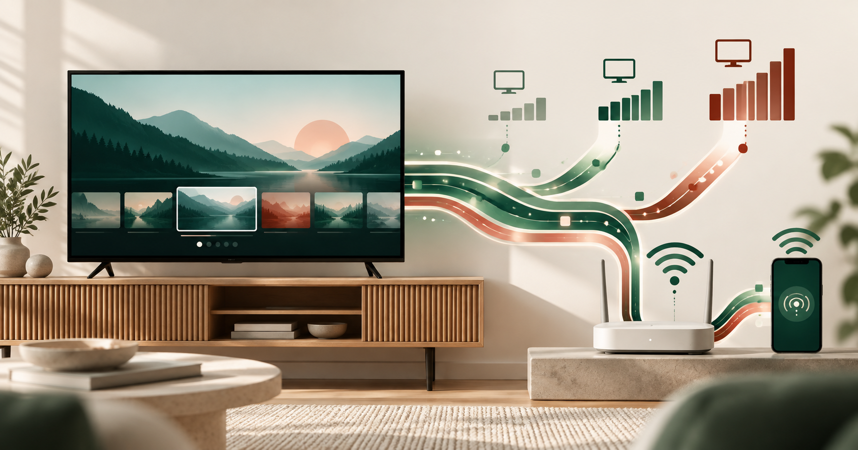 TV, router og mobil med grafik over stigende streaming-dataforbrug
