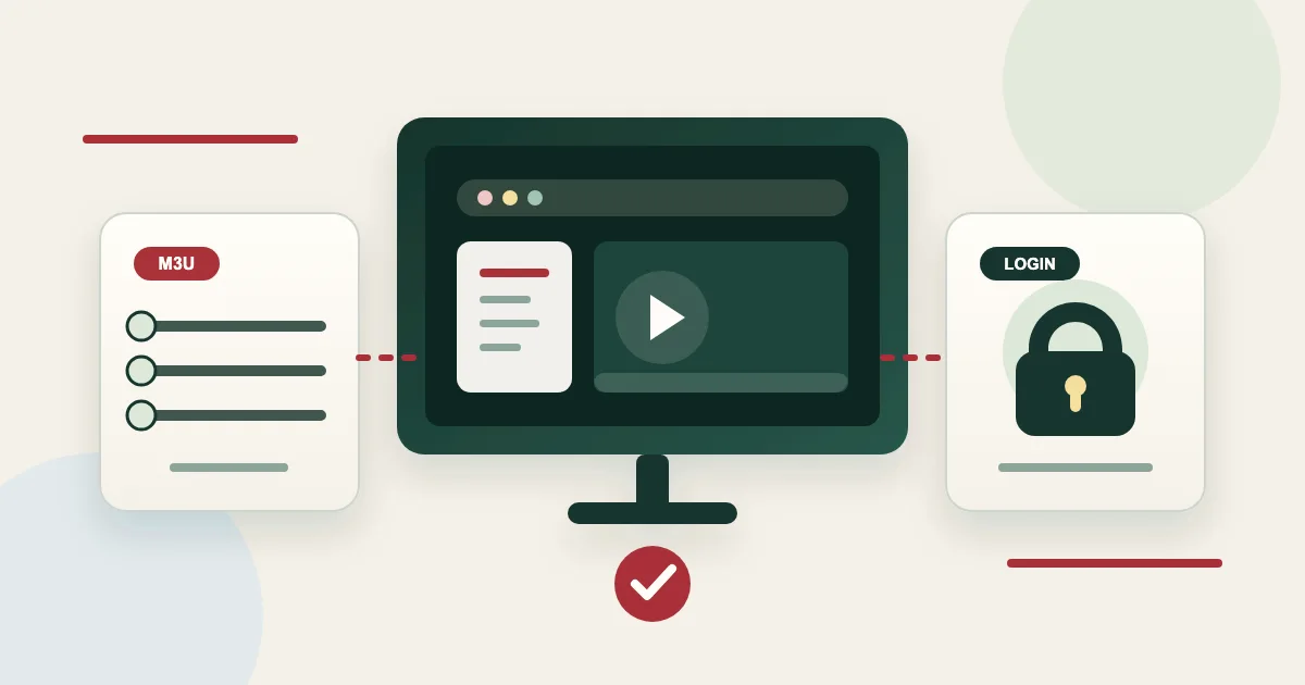 Illustration af en M3U-spilleliste og et sikkert login til en IPTV-afspiller
