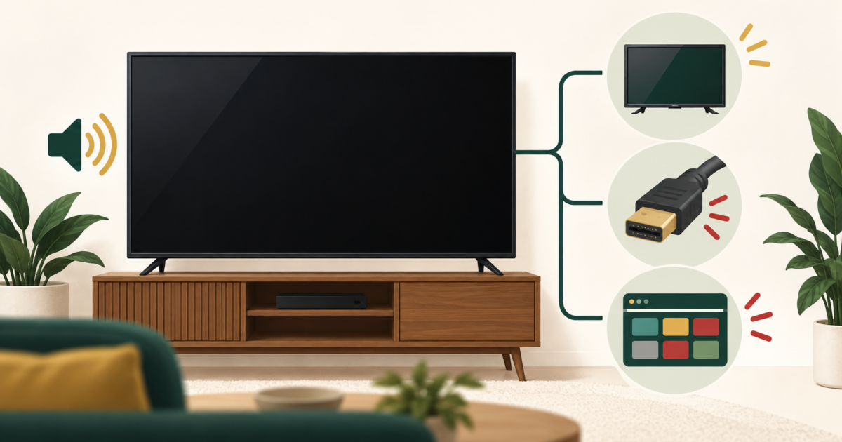 Sort TV-skærm med lydikon og fejlsøgning af skærm, HDMI og app