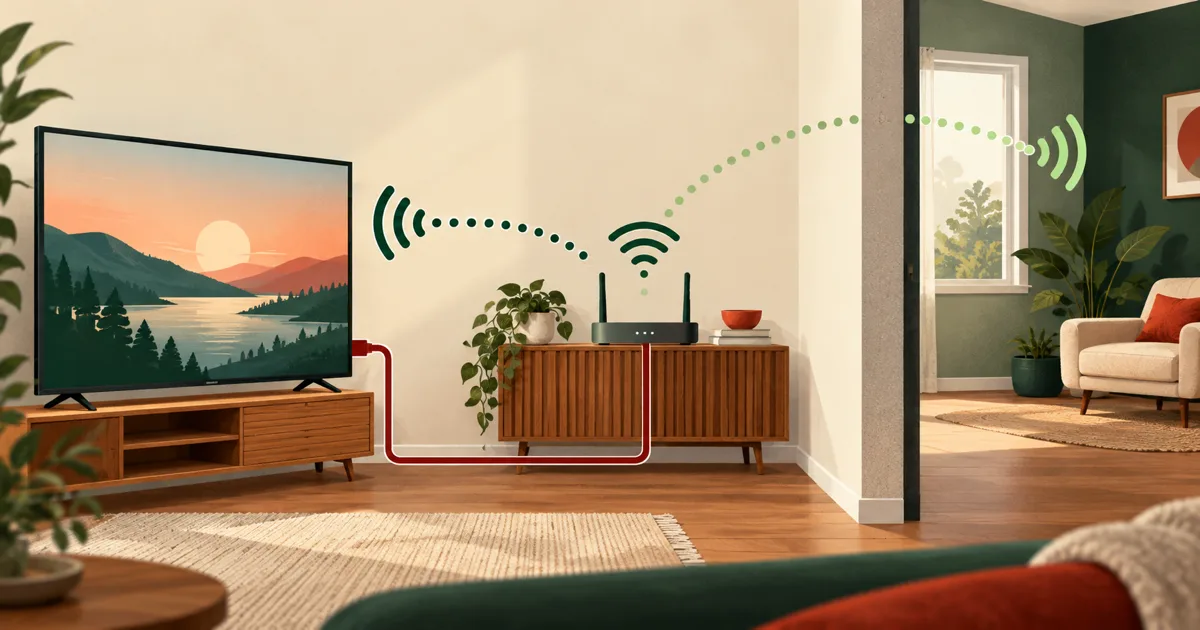 TV, router og netværkskabel som illustration af en Wi-Fi-test til streaming